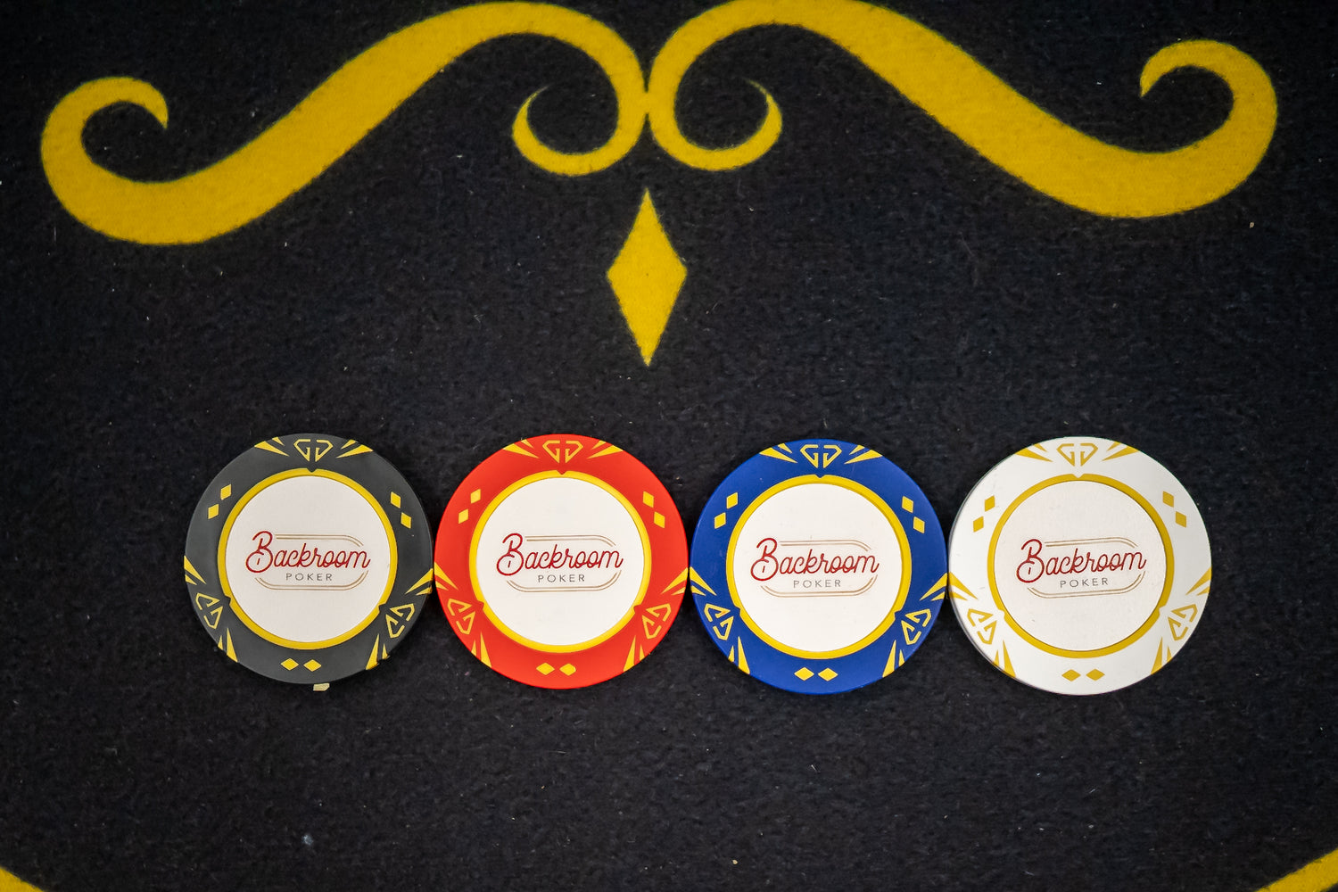 Backroom Poker chips (Black, Red, Blue, and White)